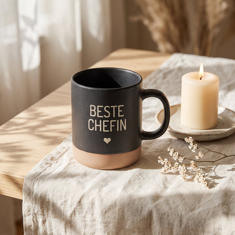 Keramik Tasse 360ml - Beste in schwarz: beste chefin, auf Leinen mit Kerze und Trockenblumen.