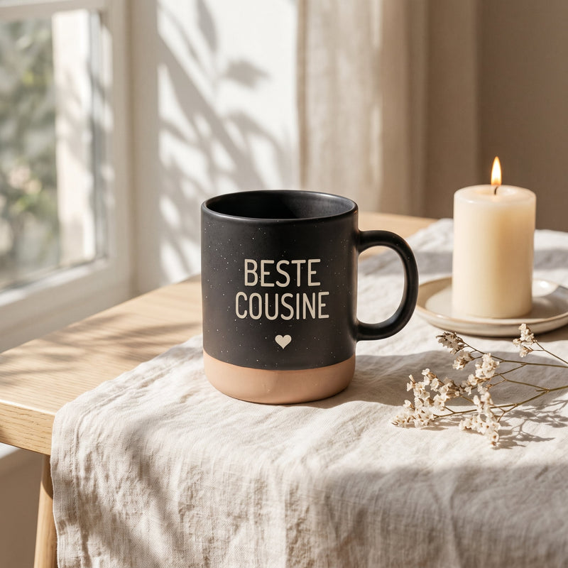 Keramik Tasse 360ml - Beste in schwarz: beste cousine, auf Leinen mit Kerze und Trockenblumen.