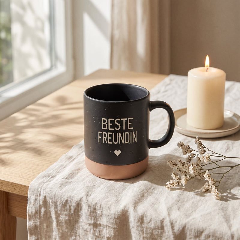 Keramik Tasse 360ml - Beste in schwarz: beste freundin, auf Leinen mit Kerze und Trockenblumen.