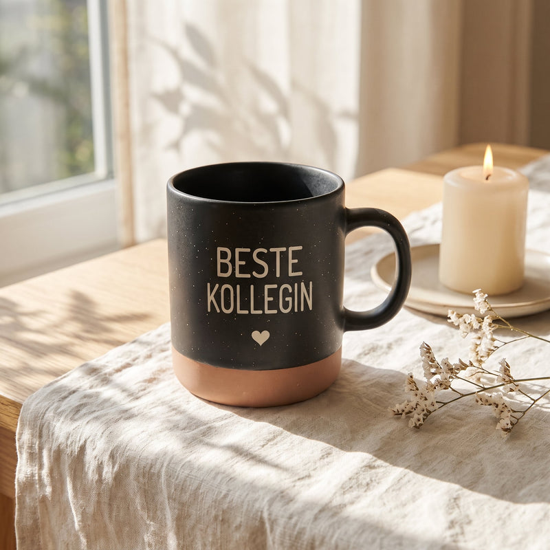 Keramik Tasse 360ml - Beste in schwarz: beste kollegin, auf Leinen mit Kerze und Trockenblumen.