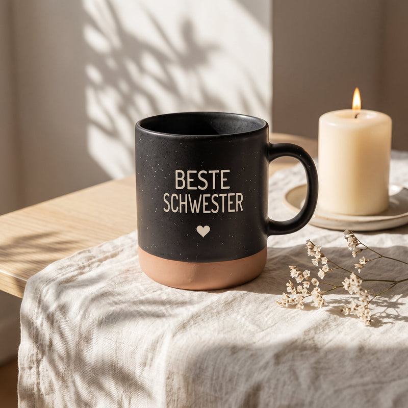 Keramik Tasse 360ml - Beste in schwarz: beste schwester, auf Leinen mit Kerze und Trockenblumen.