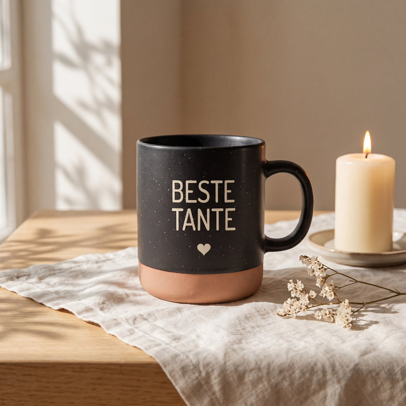 Keramik Tasse 360ml - Beste in schwarz: beste tante, auf Leinen mit Kerze und Trockenblumen.