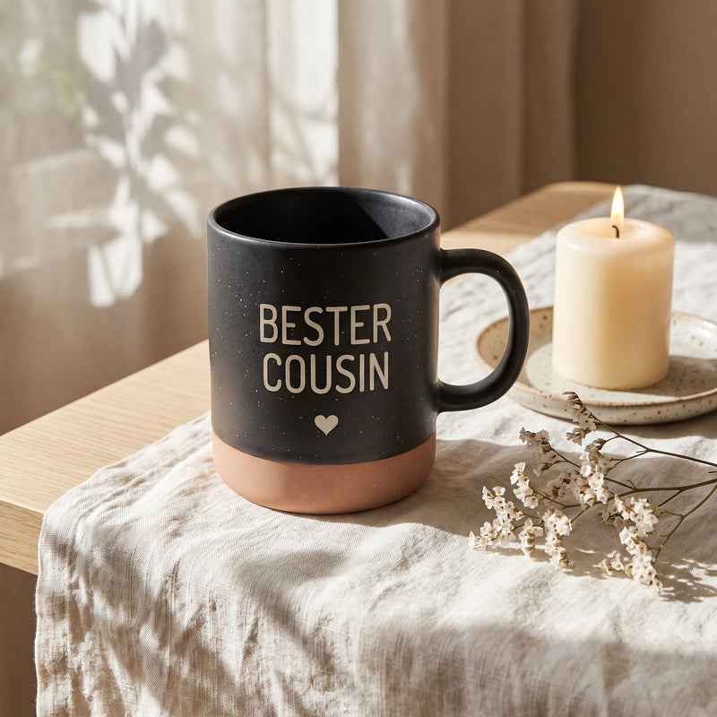 Keramik Tasse 360ml - Beste in schwarz: bester cousin, auf Leinen mit Kerze und Trockenblumen.