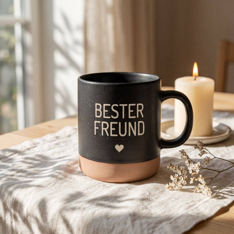 Keramik Tasse 360ml - Beste in schwarz: bester freund, auf Leinen mit Kerze und Trockenblumen.