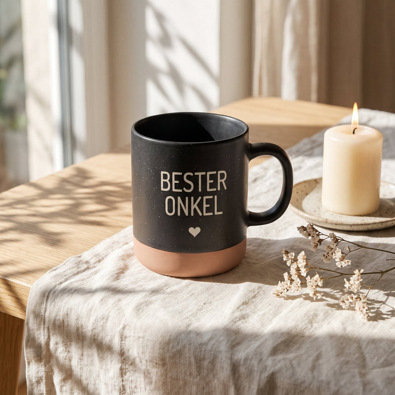 Keramik Tasse 360ml - Beste in schwarz: bester onkel, auf Leinen mit Kerze und Trockenblumen.