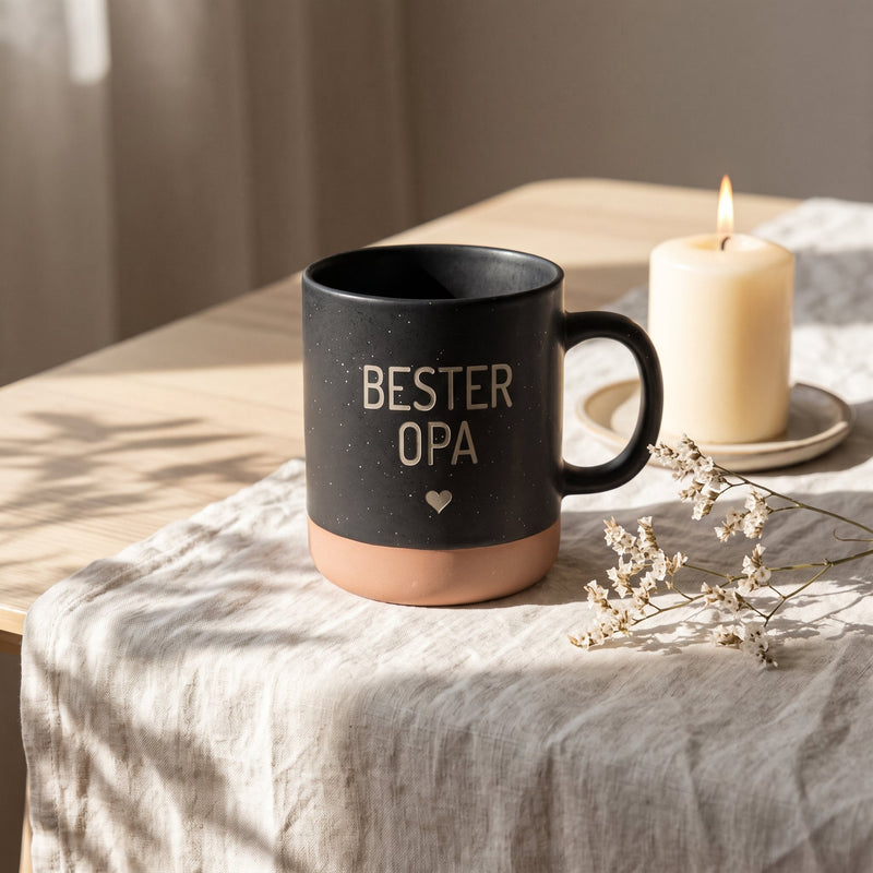 Keramik Tasse 360ml - Beste in schwarz: bester opa, auf Leinen mit Kerze und Trockenblumen.