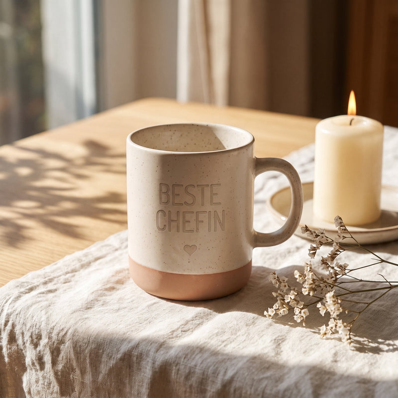 Keramik Tasse 360ml - Beste in weiß: beste chefin, auf Leinen mit Kerze und Trockenblumen.