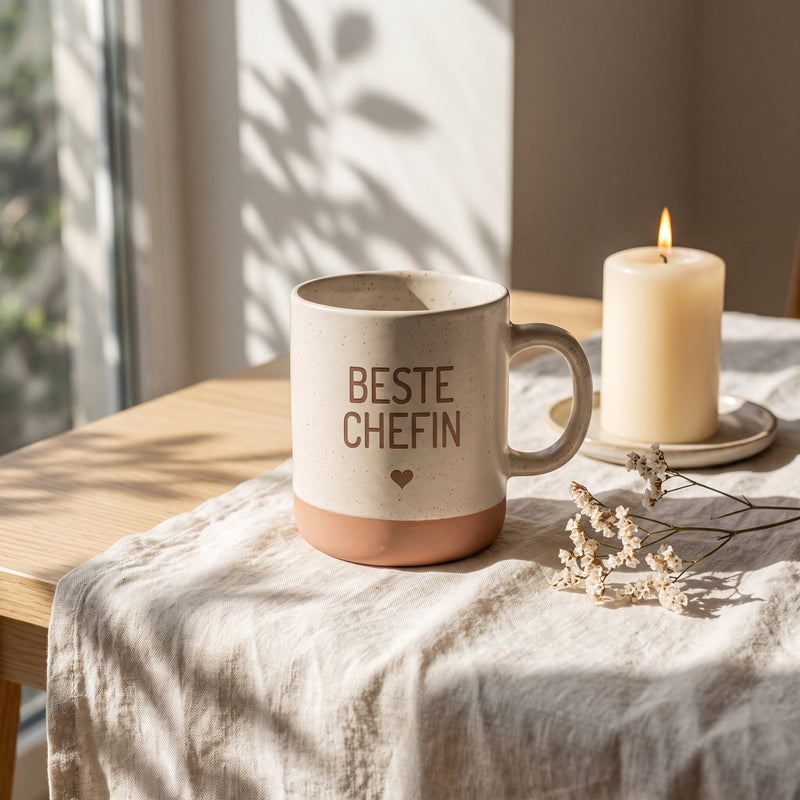 Keramik Tasse 360ml - Beste in weiß: beste chefin, auf Leinen mit Kerze und Trockenblumen.