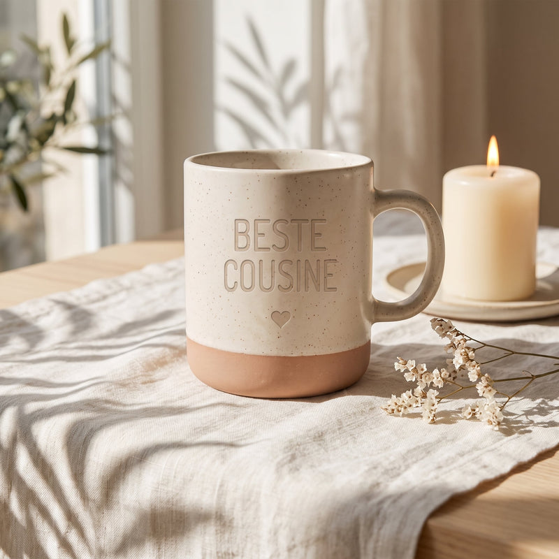 Keramik Tasse 360ml - Beste in weiß: beste cousine, auf Leinen mit Kerze und Trockenblumen.