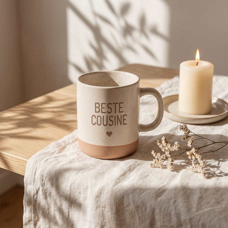Keramik Tasse 360ml - Beste in weiß: beste cousine, auf Leinen mit Kerze und Trockenblumen.