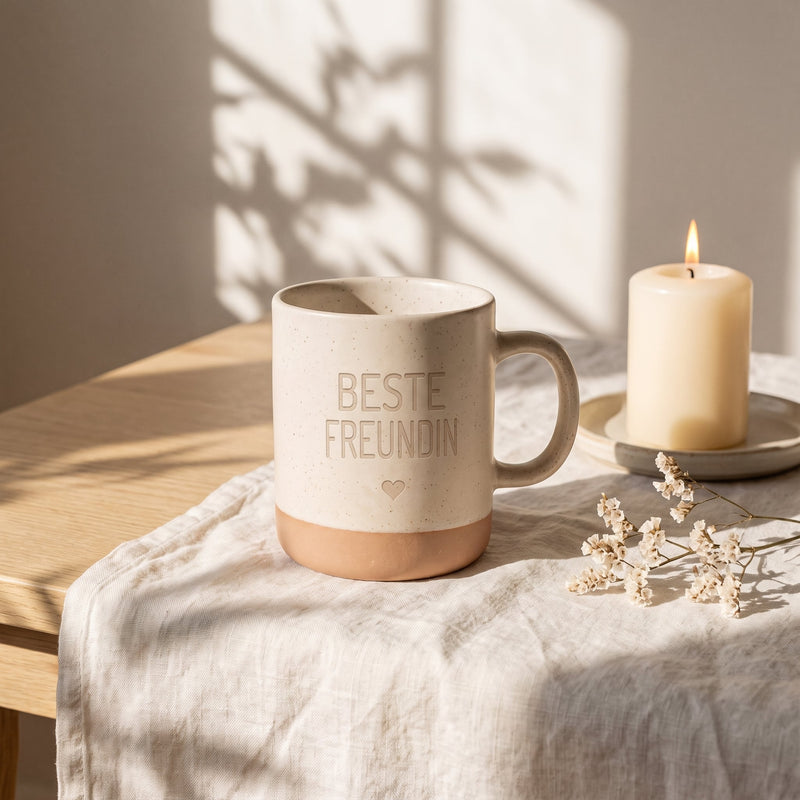 Keramik Tasse 360ml - Beste in weiß: beste freundin, auf Leinen mit Kerze und Trockenblumen.