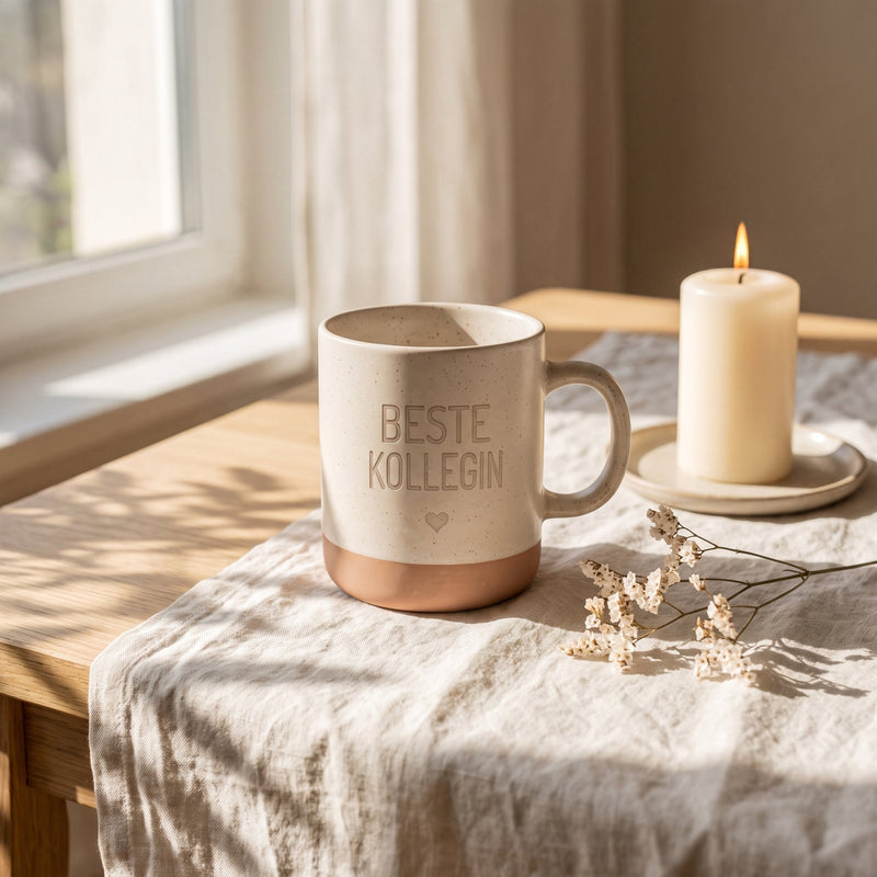 Keramik Tasse 360ml - Beste in weiß: beste kollegin, auf Leinen mit Kerze und Trockenblumen.