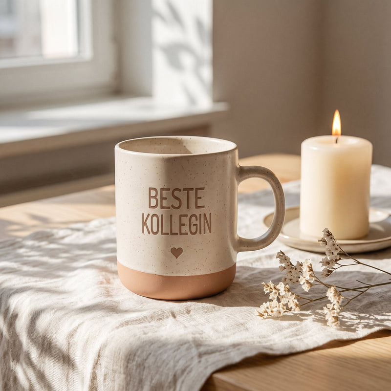 Keramik Tasse 360ml - Beste in weiß: beste kollegin, auf Leinen mit Kerze und Trockenblumen.