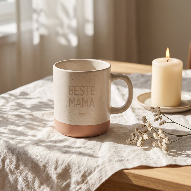 Keramik Tasse 360ml - Beste in weiß: beste mama, auf Leinen mit Kerze und Trockenblumen.