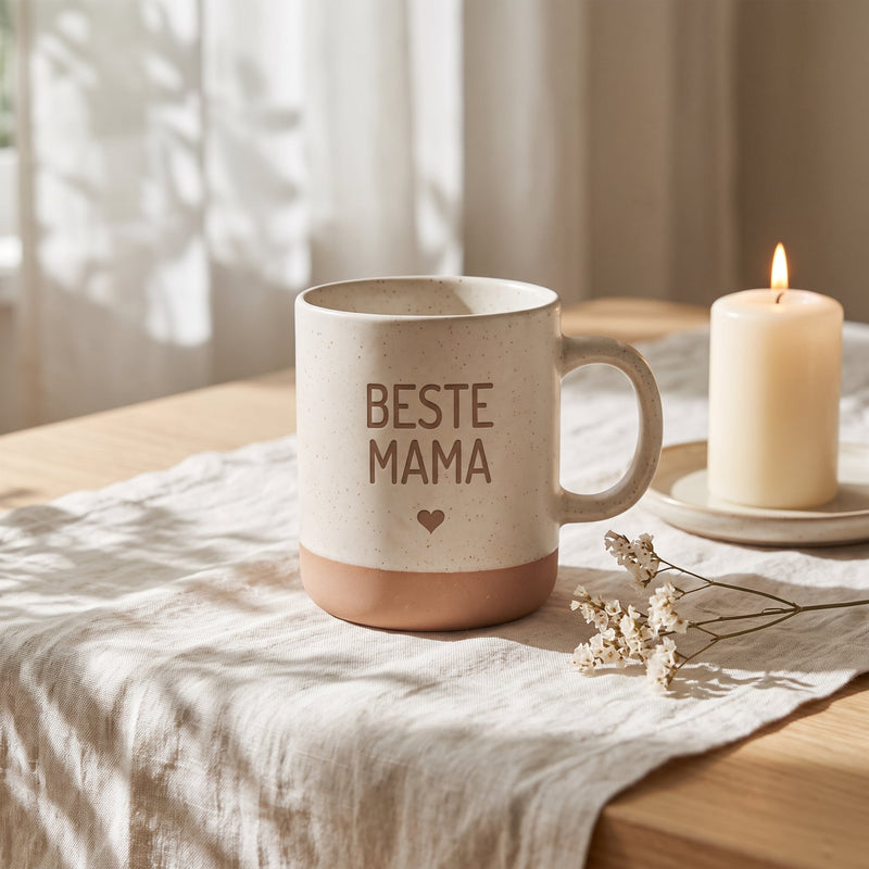 Keramik Tasse 360ml - Beste in weiß: beste mama, auf Leinen mit Kerze und Trockenblumen.