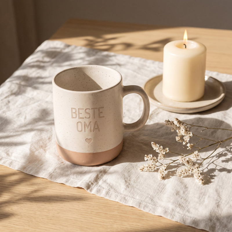 Keramik Tasse 360ml - Beste in weiß: beste oma, auf Leinen mit Kerze und Trockenblumen.