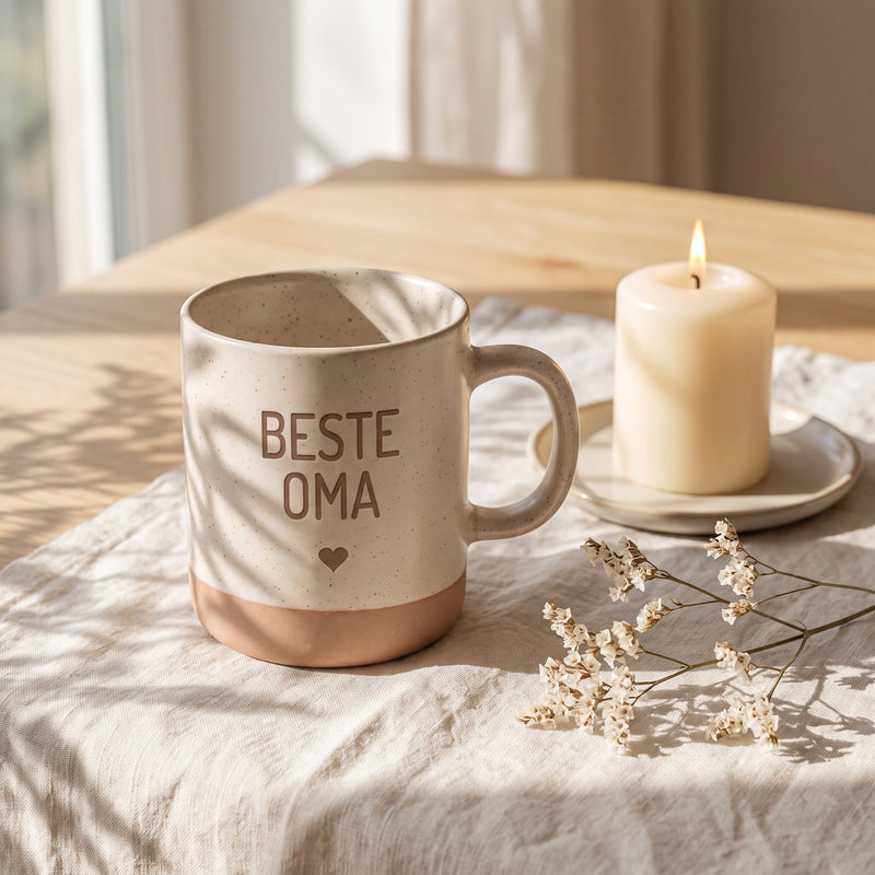Keramik Tasse 360ml - Beste in weiß: beste oma, auf Leinen mit Kerze und Trockenblumen.