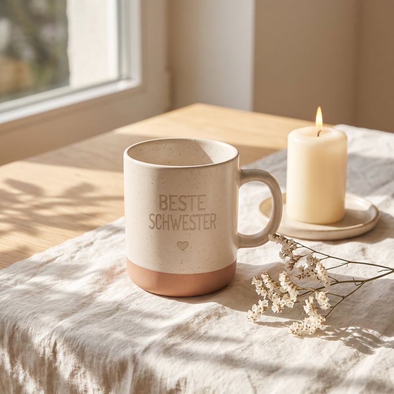 Keramik Tasse 360ml - Beste in weiß: beste schwester, auf Leinen mit Kerze und Trockenblumen.
