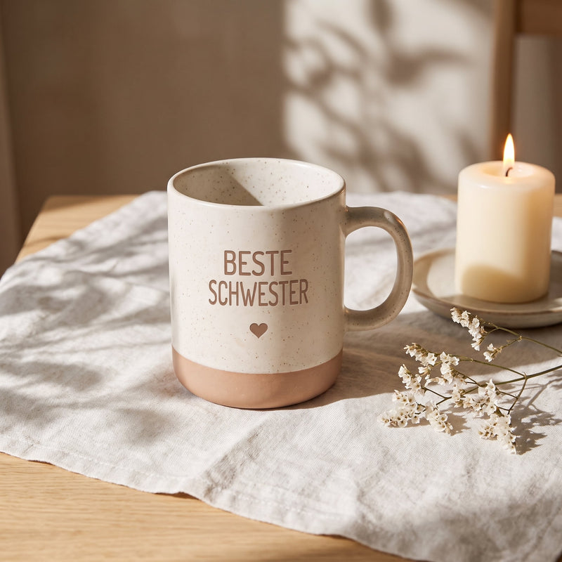 Keramik Tasse 360ml - Beste in weiß: beste schwester, auf Leinen mit Kerze und Trockenblumen.