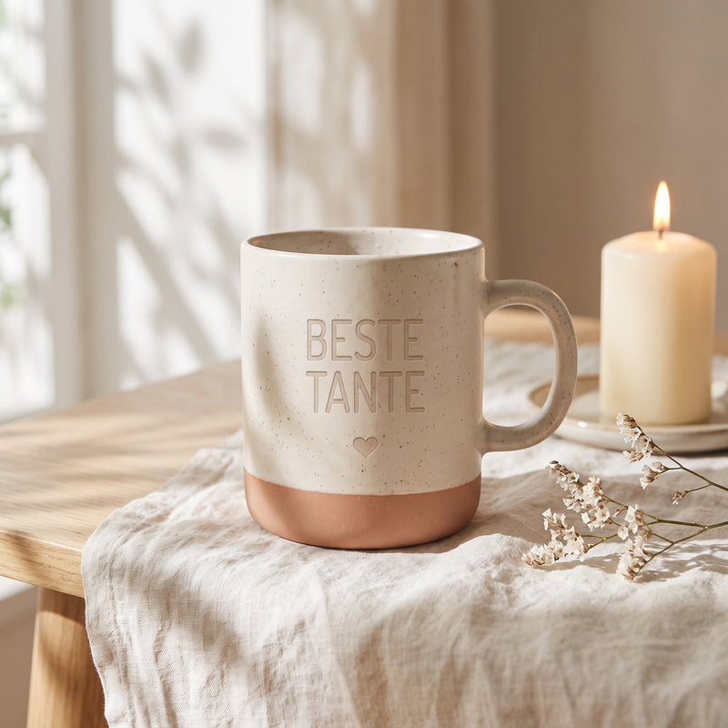 Keramik Tasse 360ml - Beste in weiß: beste tante, auf Leinen mit Kerze und Trockenblumen.