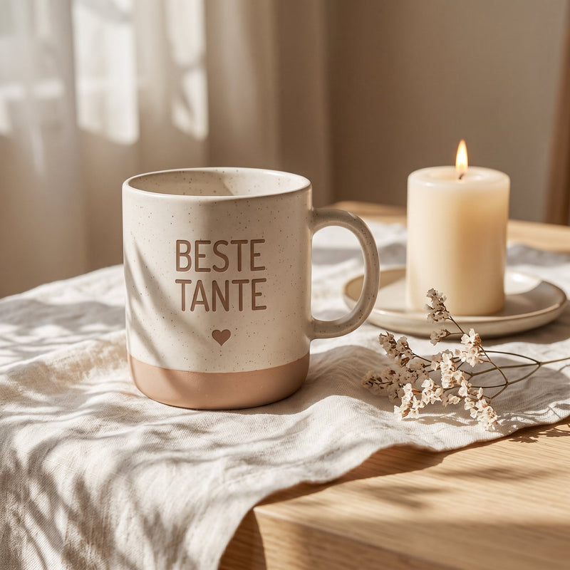 Keramik Tasse 360ml - Beste in weiß: beste tante, auf Leinen mit Kerze und Trockenblumen.
