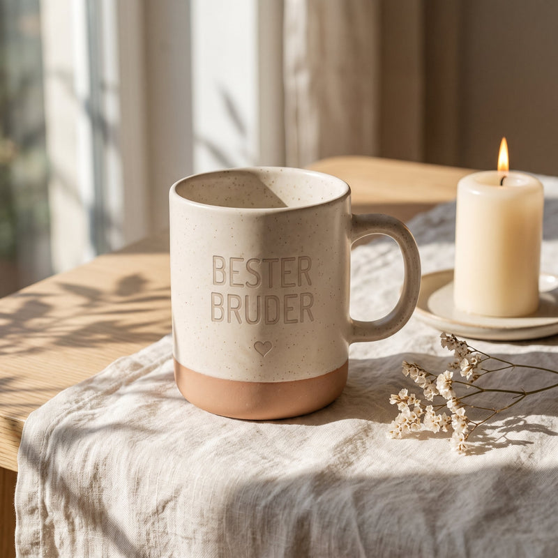 Keramik Tasse 360ml - Beste in weiß: bester bruder, auf Leinen mit Kerze und Trockenblumen.