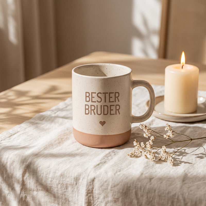 Keramik Tasse 360ml - Beste in weiß: bester bruder, auf Leinen mit Kerze und Trockenblumen.