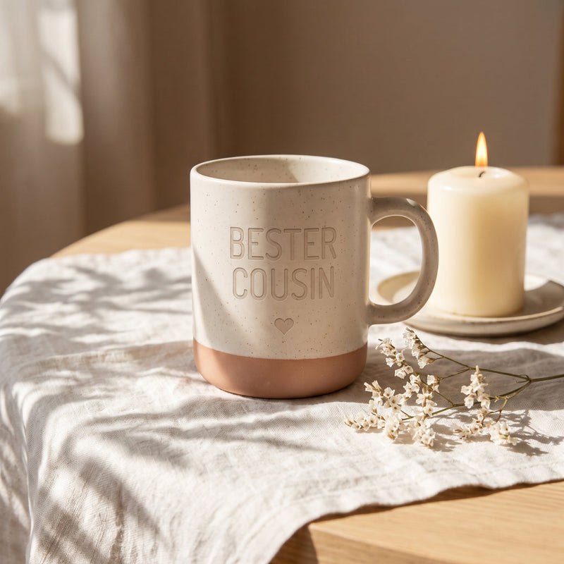 Keramik Tasse 360ml - Beste in weiß: bester cousin, auf Leinen mit Kerze und Trockenblumen.