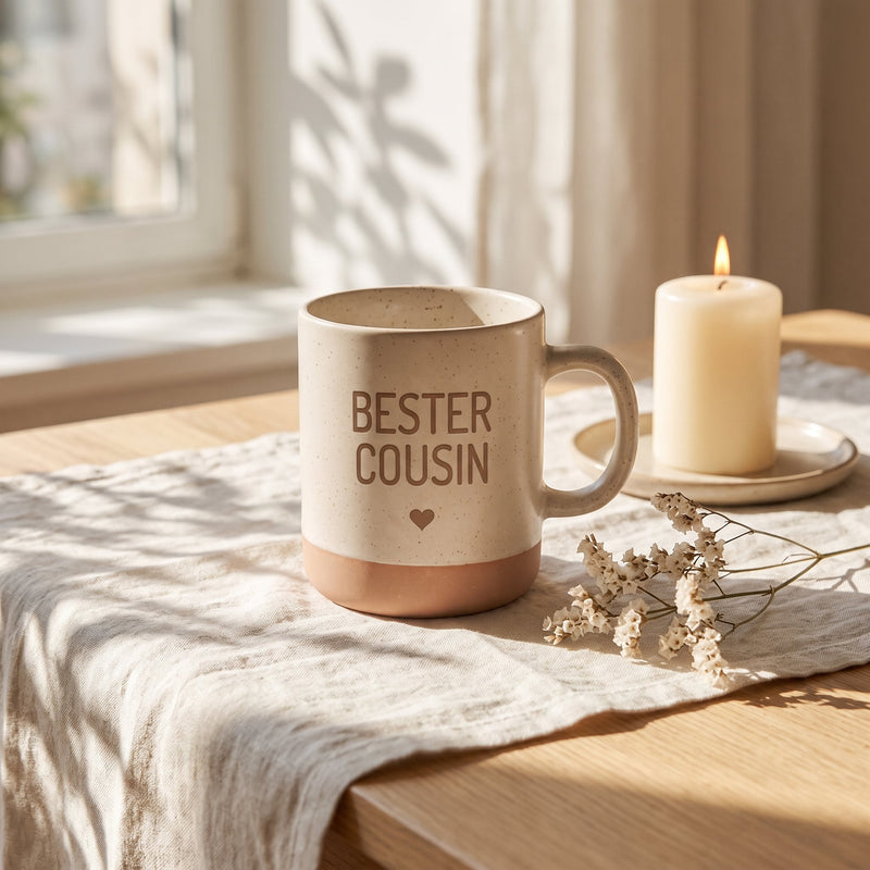 Keramik Tasse 360ml - Beste in weiß: bester cousin, auf Leinen mit Kerze und Trockenblumen.