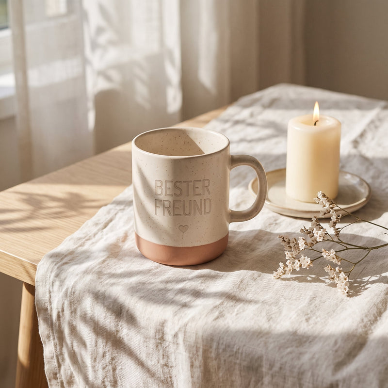 Keramik Tasse 360ml - Beste in weiß: bester freund, auf Leinen mit Kerze und Trockenblumen.