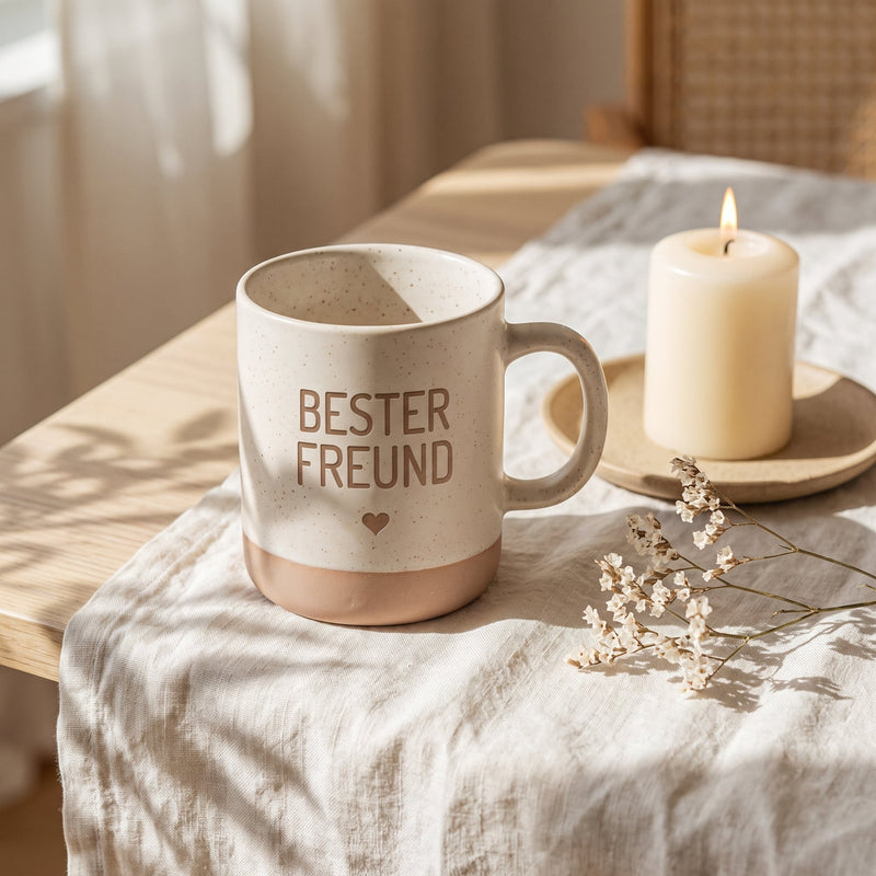 Keramik Tasse 360ml - Beste in weiß: bester freund, auf Leinen mit Kerze und Trockenblumen.