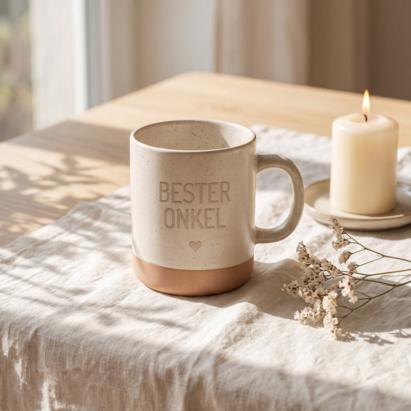 Keramik Tasse 360ml - Beste in weiß: bester onkel, auf Leinen mit Kerze und Trockenblumen.