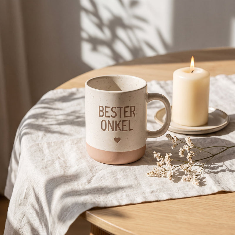 Keramik Tasse 360ml - Beste in weiß: bester onkel, auf Leinen mit Kerze und Trockenblumen.