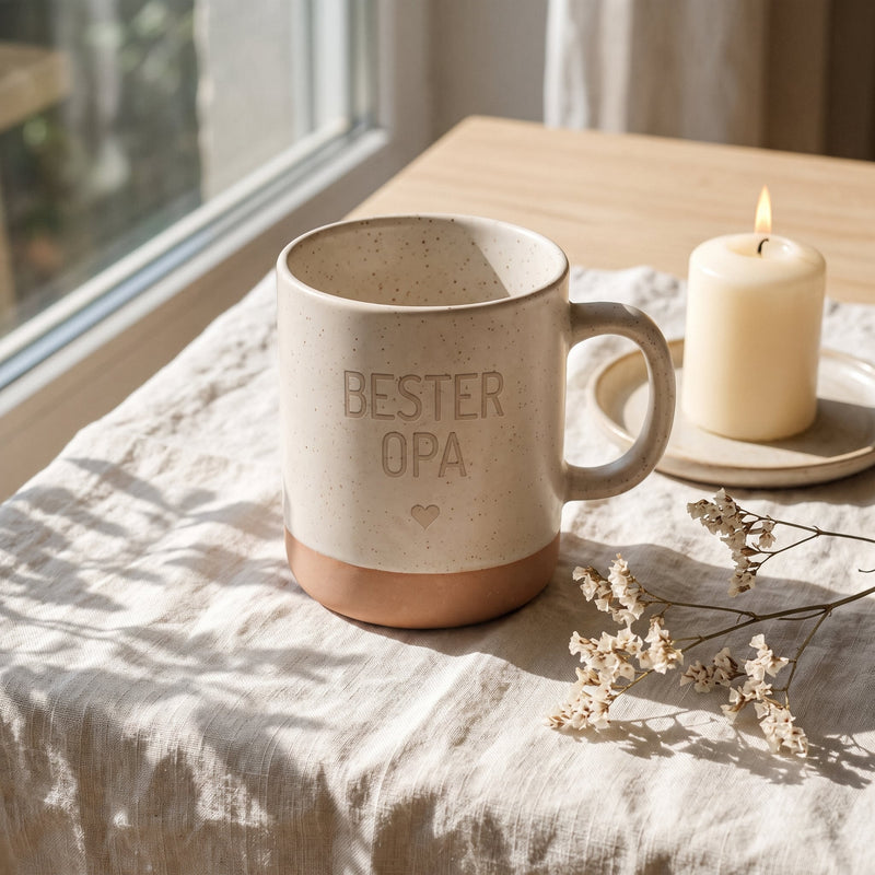 Keramik Tasse 360ml - Beste in weiß: bester opa, auf Leinen mit Kerze und Trockenblumen.