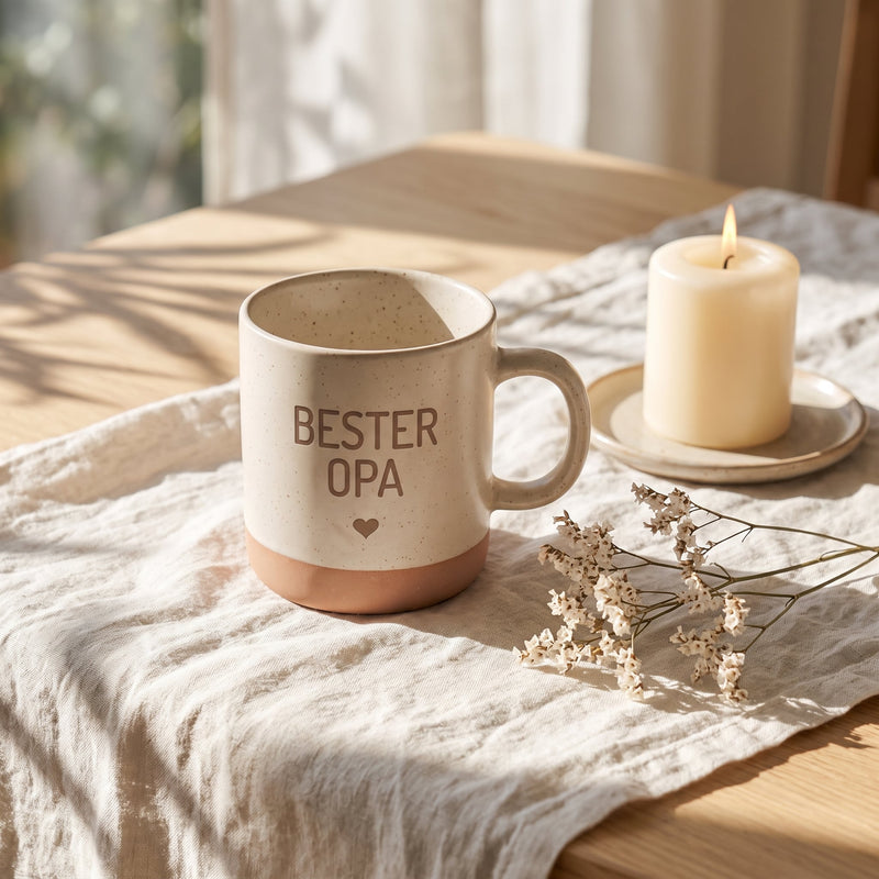 Keramik Tasse 360ml - Beste in weiß: bester opa, auf Leinen mit Kerze und Trockenblumen.