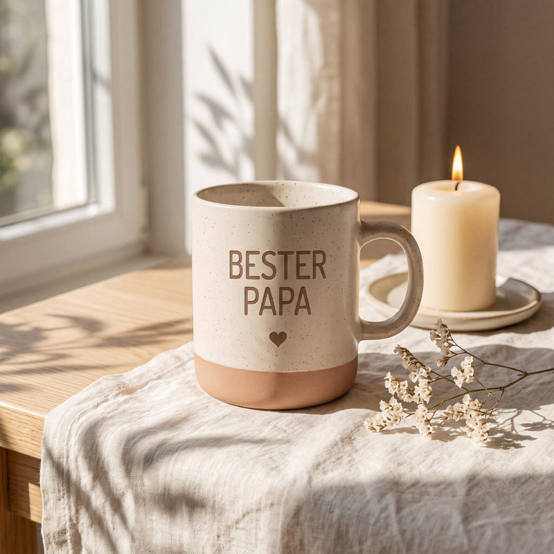 Keramik Tasse 360ml - Beste in weiß: bester papa, auf Leinen mit Kerze und Trockenblumen.