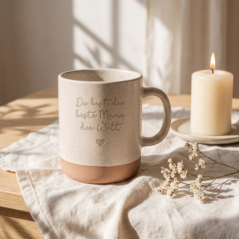 Keramik Tasse 360ml - Beste in weiß: wunschtext, auf Leinen mit Kerze und Trockenblumen.