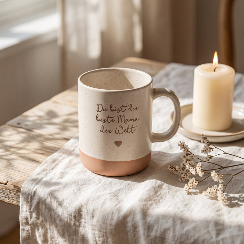 Keramik Tasse 360ml - Beste in weiß: wunschtext, auf Leinen mit Kerze und Trockenblumen.