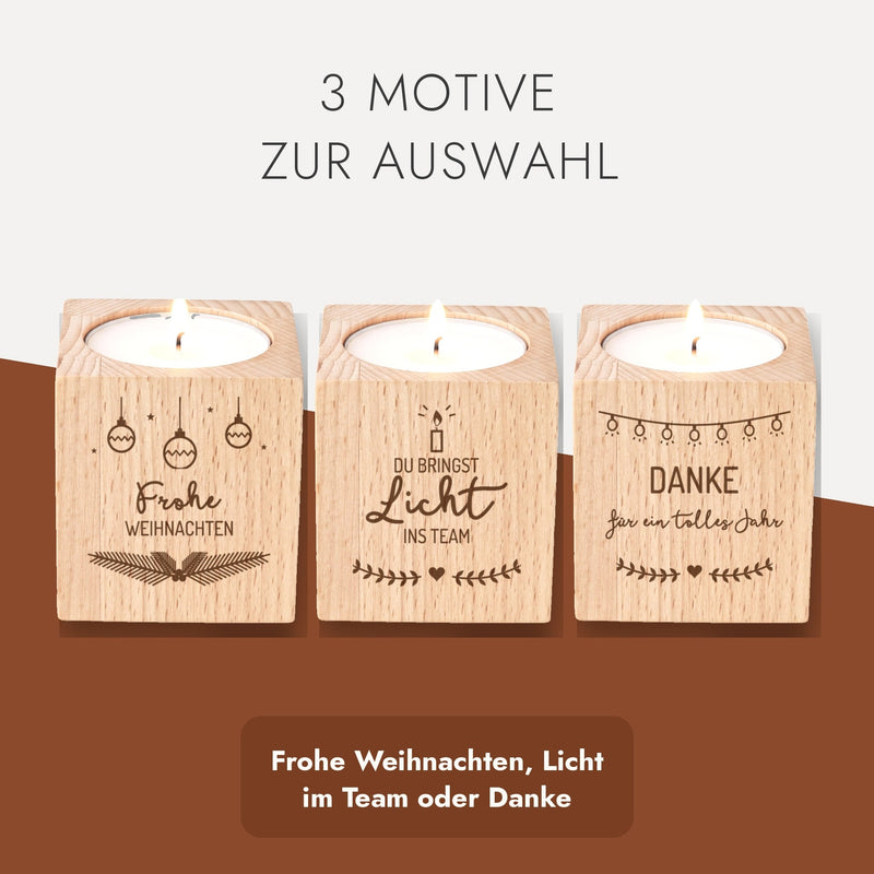 Drei Teelichthalter aus Buche mit den Motiven Frohe Weihnachten, Licht im Team und Danke