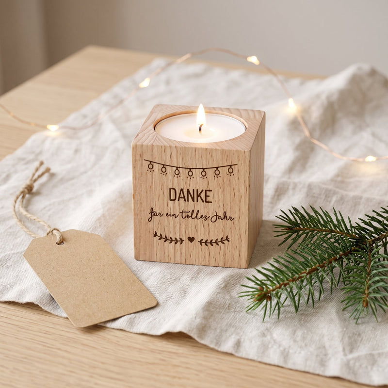 Teelichthalter aus Buchenholz mit Gravur „Danke für ein tolles Jahr“, Lichterkette und Lorbeerzweigen, weihnachtlich dekoriert