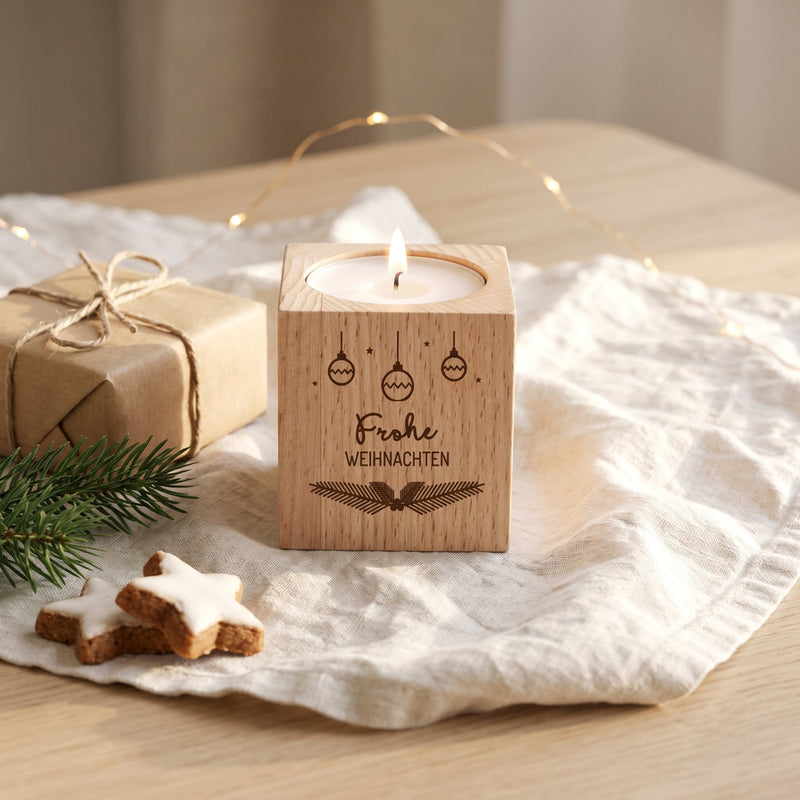 Teelichthalter aus Buchenholz mit Gravur „Frohe Weihnachten“, Christbaumkugeln und Tannengirlande, weihnachtlich dekoriert
