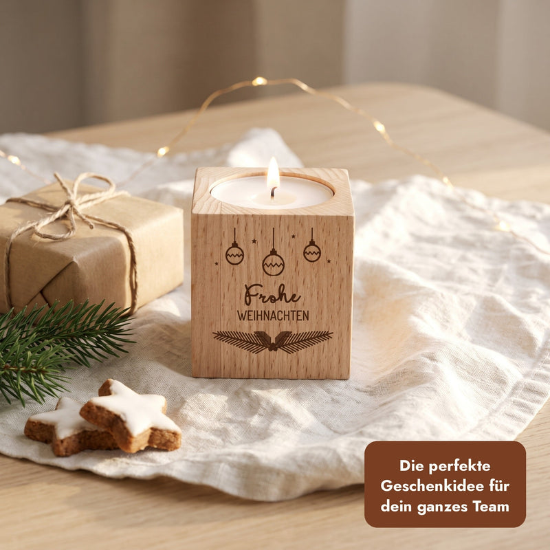 Teelichthalter Frohe Weihnachten auf Leinen, Text: Die perfekte Geschenkidee für dein ganzes Team