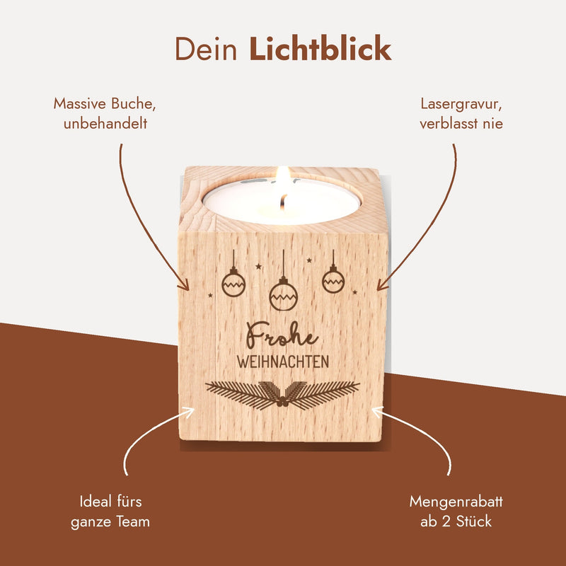 Dein Lichtblick: Teelichthalter aus massiver Buche mit Lasergravur, ideal fürs ganze Team