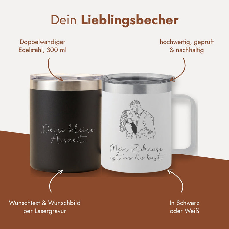 Dein Lieblingsbecher: schwarzer Becher mit Wunschtext, weißer Becher mit Strichzeichnung, doppelwandiger Edelstahl 300 ml.