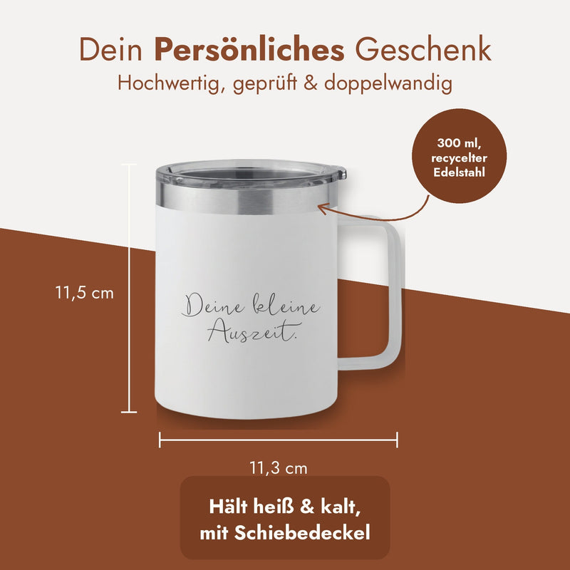 Weißer Thermobecher mit Gravur und Maßangaben 11,5 cm hoch und 11,3 cm breit, 300 ml, recycelter Edelstahl.