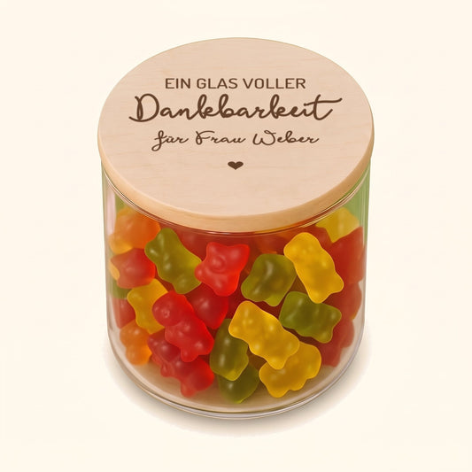 Vorratsglas Personalisiert - Dankbarkeit: Glas mit graviertem Holzdeckel, „EIN GLAS VOLLER Dankbarkeit“ mit Wunschname und Herz