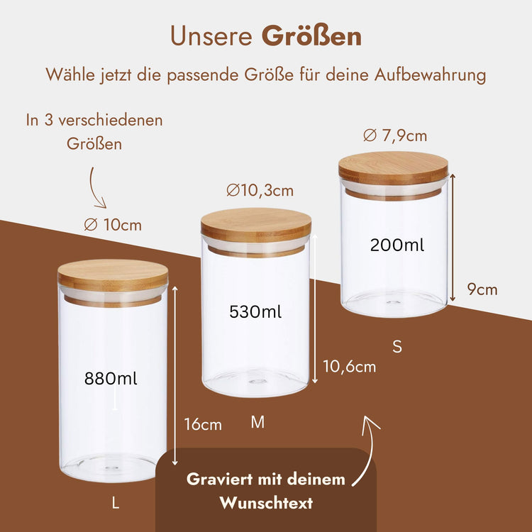 Vorratsglas mit Bambusdeckel und Wunschgravur in drei Groessen 880ml, 530ml und 200ml.