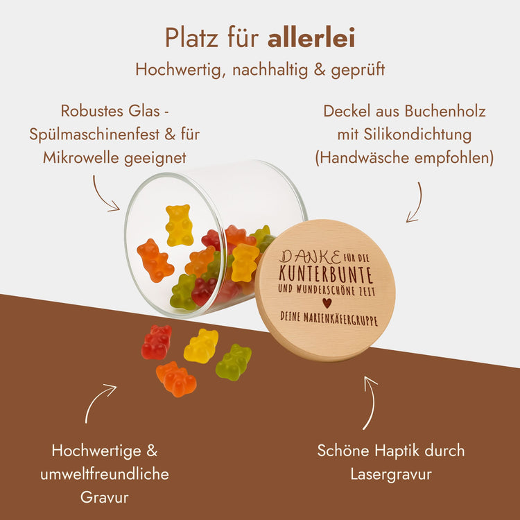 Vorratsglas mit Buchenholzdeckel und personalisierter Lasergravur als Dankeschoen-Geschenk fuer Erzieherinnen.