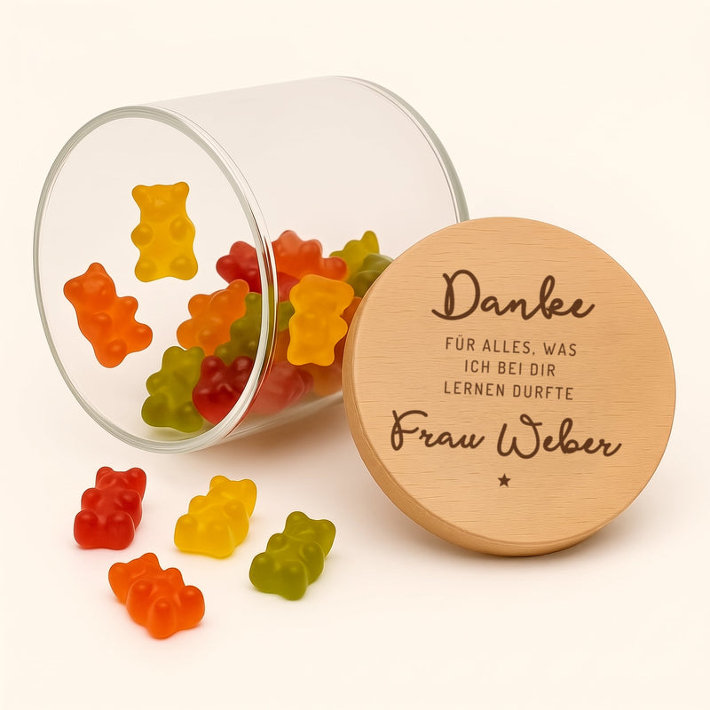 Vorratsglas Personalisiert - Lehrer: Glas mit graviertem Holzdeckel, „Danke für alles, was ich bei dir lernen durfte“ mit Name und Stern, Deckel im Detail