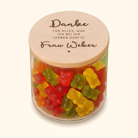 Vorratsglas Personalisiert - Lehrer: Glas mit graviertem Holzdeckel, „Danke für alles, was ich bei dir lernen durfte“ mit Name und Stern